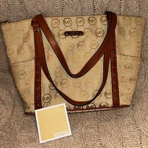 Michael Kors Signature MK Logo Canvas Tote Bag Beige Studded Leather Trim